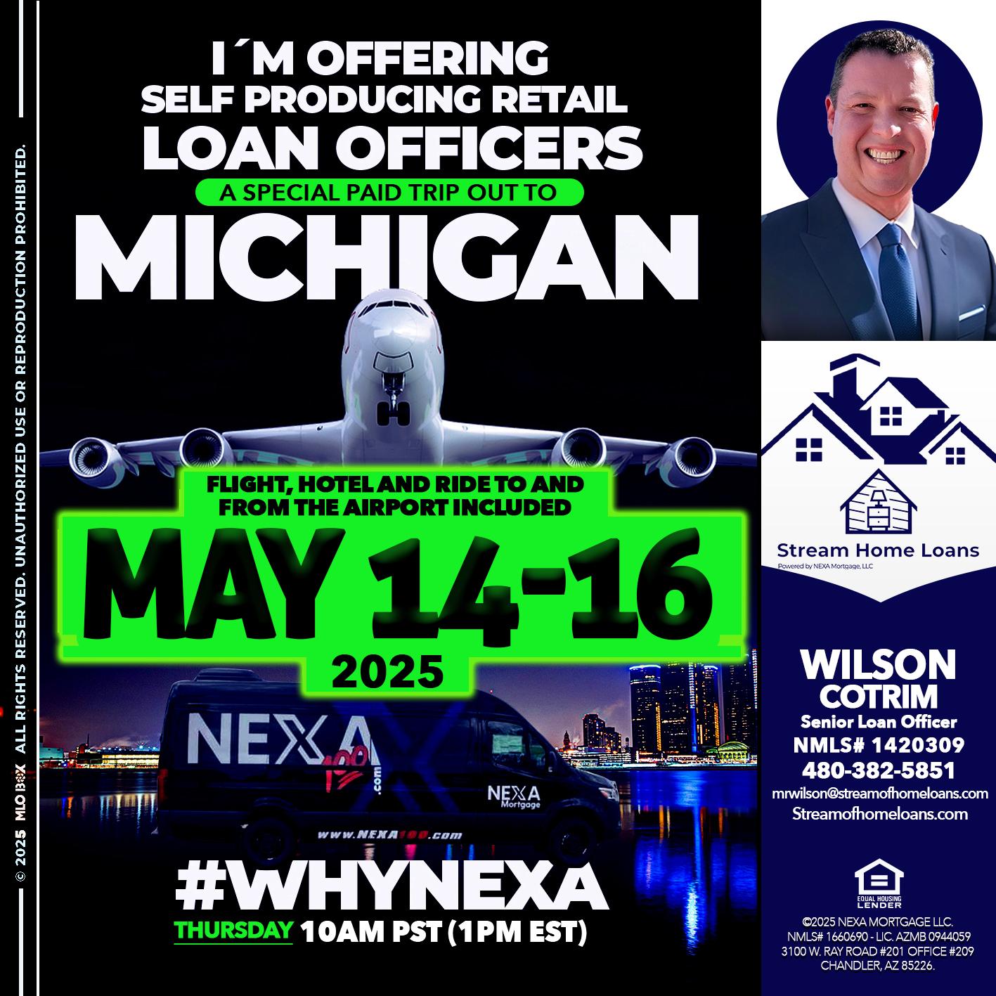 MAY 14-16 MICHIGAN TRIP - Wilson Cotrim -Senior Loan Officer